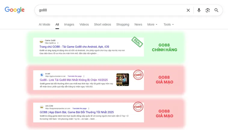 Logo thật của Go88.com dễ nhận diện, còn logo giả Go88.com thường nhìn amateur và không đồng bộ